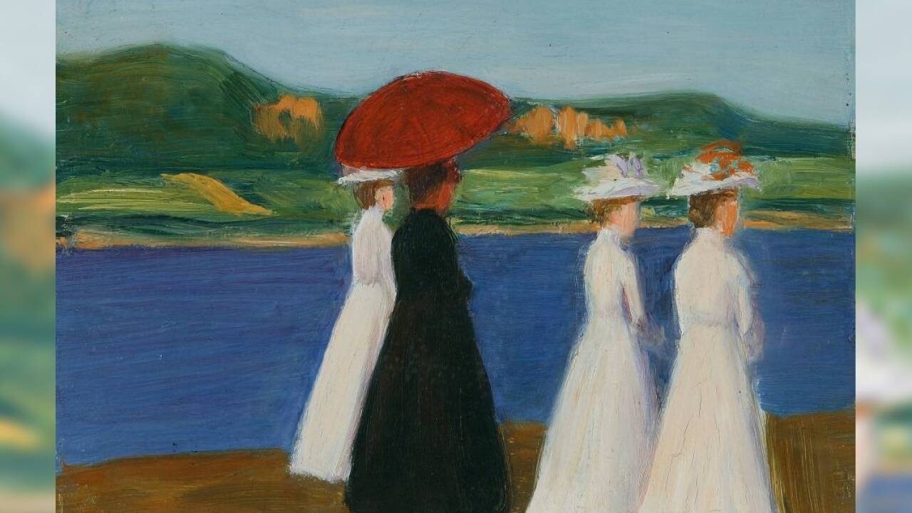GABRIELE MÜNTER 1877–1962, Promenade (Promenade an der Seine), 1904–1906, Öl auf Karton | 15,9 × 17,9 cm, Kunsthalle Emden, Foto: bpk/Kunsthalle Emden/Martinus Ekkenga<br />© Bildrecht, Wien 2023 GABRIELE MÜNTER 1877–1962, Promenade (Promenade an der Seine), 1904–1906, Öl auf Karton | 15,9 × 17,9 cm, Kunsthalle Emden, Foto: bpk/Kunsthalle Emden/Martinus Ekkenga<br />© Bildrecht, Wien 2023
