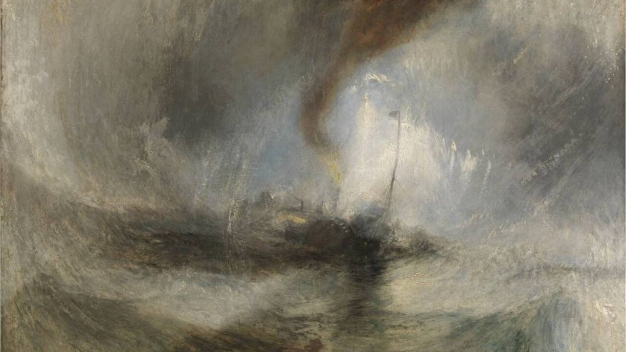 Snow Storm - Steam-Boat off a Harbour’s Mouth / Schneesturm - Ein Dampfschiff im flachen Wasser vor einer Hafeneinfahrt, exhibited 1842 / ausgestellt 1842, Joseph Mallord William Turner (1775-1851). Tate: Accepted by the nation as part of the Turner Bequest 1856 © Photo / Foto Tate 