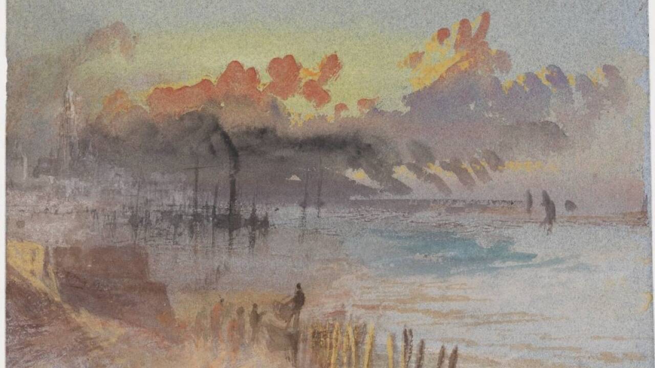 Margate: The Great Beach with the Pier and Lighthouse and Jarvis’s Landing Place at Sunset (?) / Margate: Der große Strand mit dem Pier, dem Leuchtturm und Jarvis’ Landing Place bei Sonnenuntergang (?), ca. 1829-40, Joseph Mallord William Turner (1775-1851). Tate: Accepted by the nation as part of the Turner Bequest 1856 © Photo / Foto Tate 