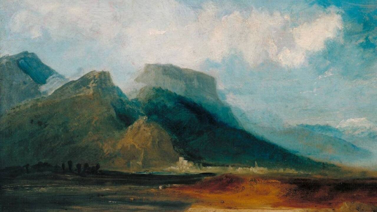 Grenoble Seen from the River Drac with Mont Blanc in the Distance / Grenoble vom Fluss Drac aus gesehen mit dem Mont Blanc in der Ferne, ca. 1802, Joseph Mallord William Turner (1775-1851). Tate: Accepted by the nation as part of the Turner Bequest 1856 © Photo / Foto Tate 