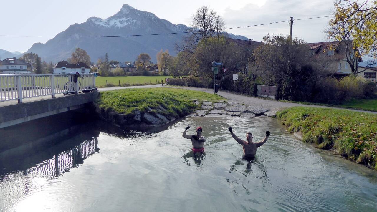 Eisschwimmer im Almkanal. Im Hintergrund die Waldrapp-Wiese.  