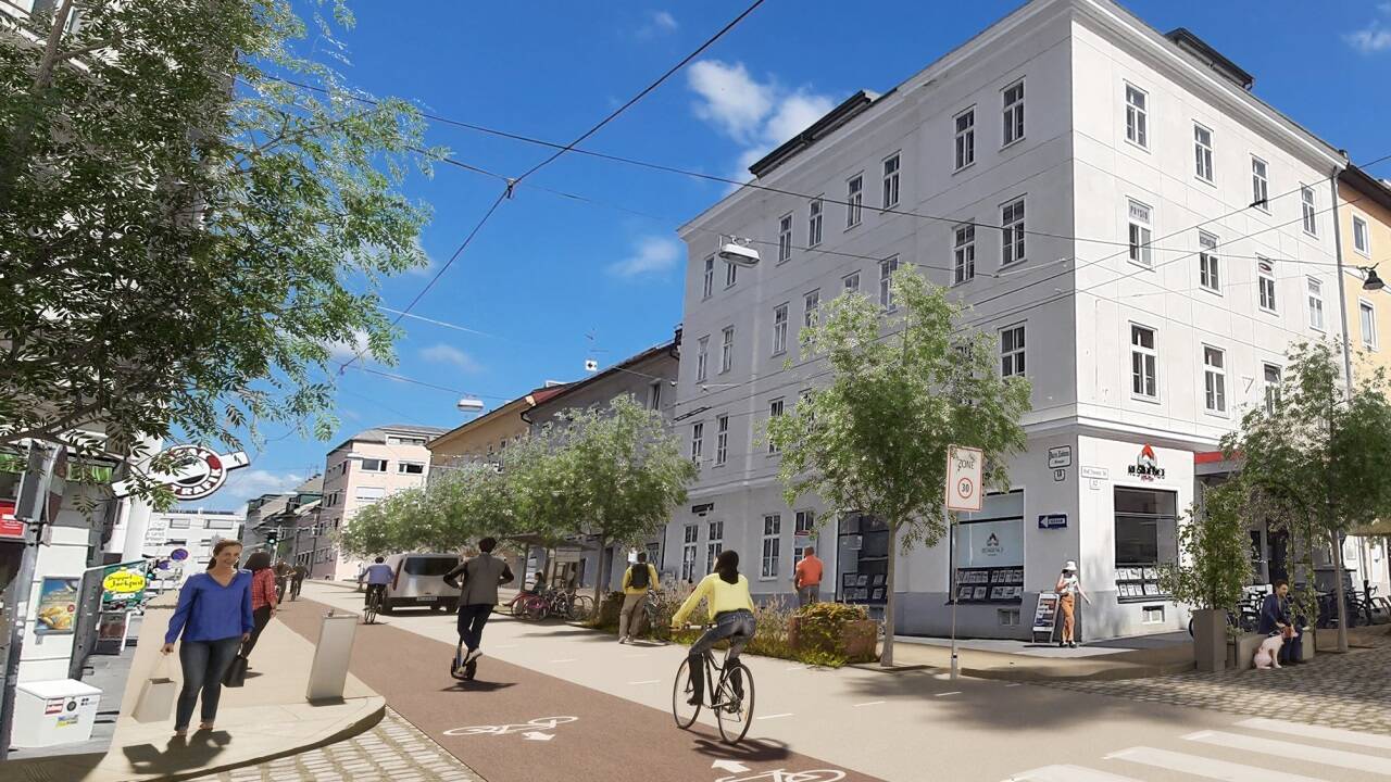 Diese Visualisierung zeigt den möglichen Radweg in der Paris-Lodron-Straße.  