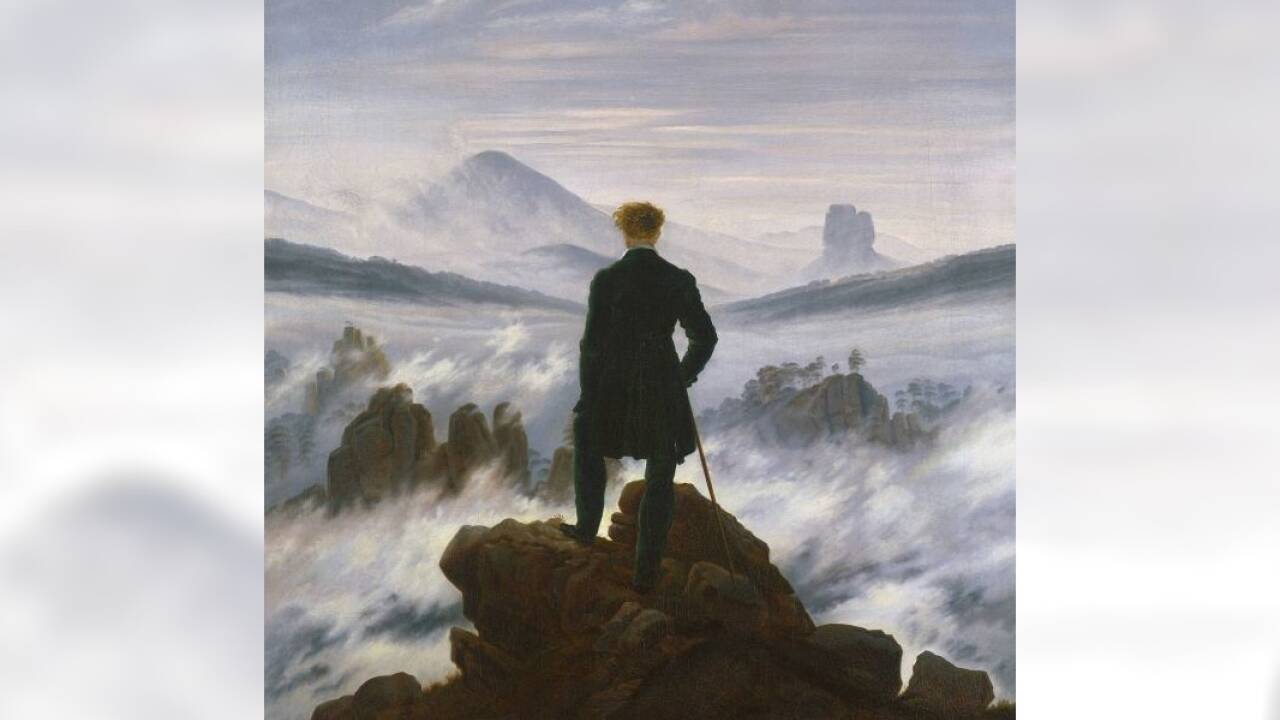CASPAR DAVID FRIEDRICH (1774–1840), Wanderer über dem Nebelmeer, um 1817<br />Öl auf Leinwand, 94,8 x 74,8 cm, Dauerleihgabe der Stiftung Hamburger<br />Kunstsammlungen, SHK / Hamburger Kunsthalle / bpk<br />Foto: Elke Walford  