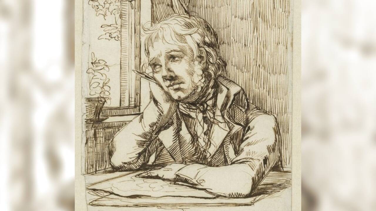 CASPAR DAVID FRIEDRICH (1774–1840)<br />Selbstbildnis mit aufgestütztem Arm, um 1802, Feder in Braun über Bleistift,<br />26,7 x21,5 cm, Hamburger Kunsthalle, Kupferstichkabinett<br />© Hamburger Kunsthalle / bpk<br />Foto: Christoph Irrgang 