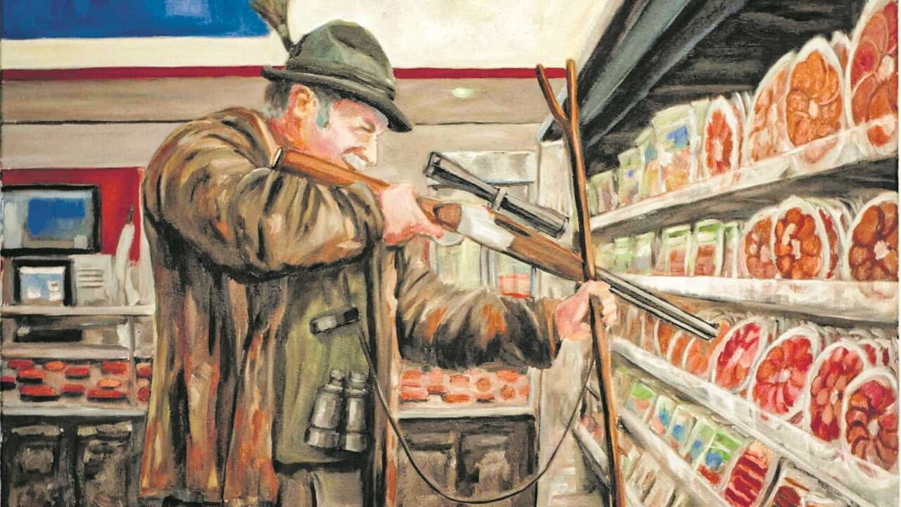 Das Bild stammt aus dem Pinsel von Toninho Dingl – der Künstler aus Altötting setzt sich in seiner Serie „Stadt-Land-Tiere“ mit „verdinglichter Natur“ auseinander. Er malt in Warenform transformierte Tiere und Pflanzen, deren Wesen so eliminiert wurde. Das macht den Kauf bzw. die Jagd leichter, jedoch weiß keine erfahrene Jägerin und kein kundiger Sammler im Supermarkt mehr, was einst das Wesentliche der Ware war. www.toninho.de  