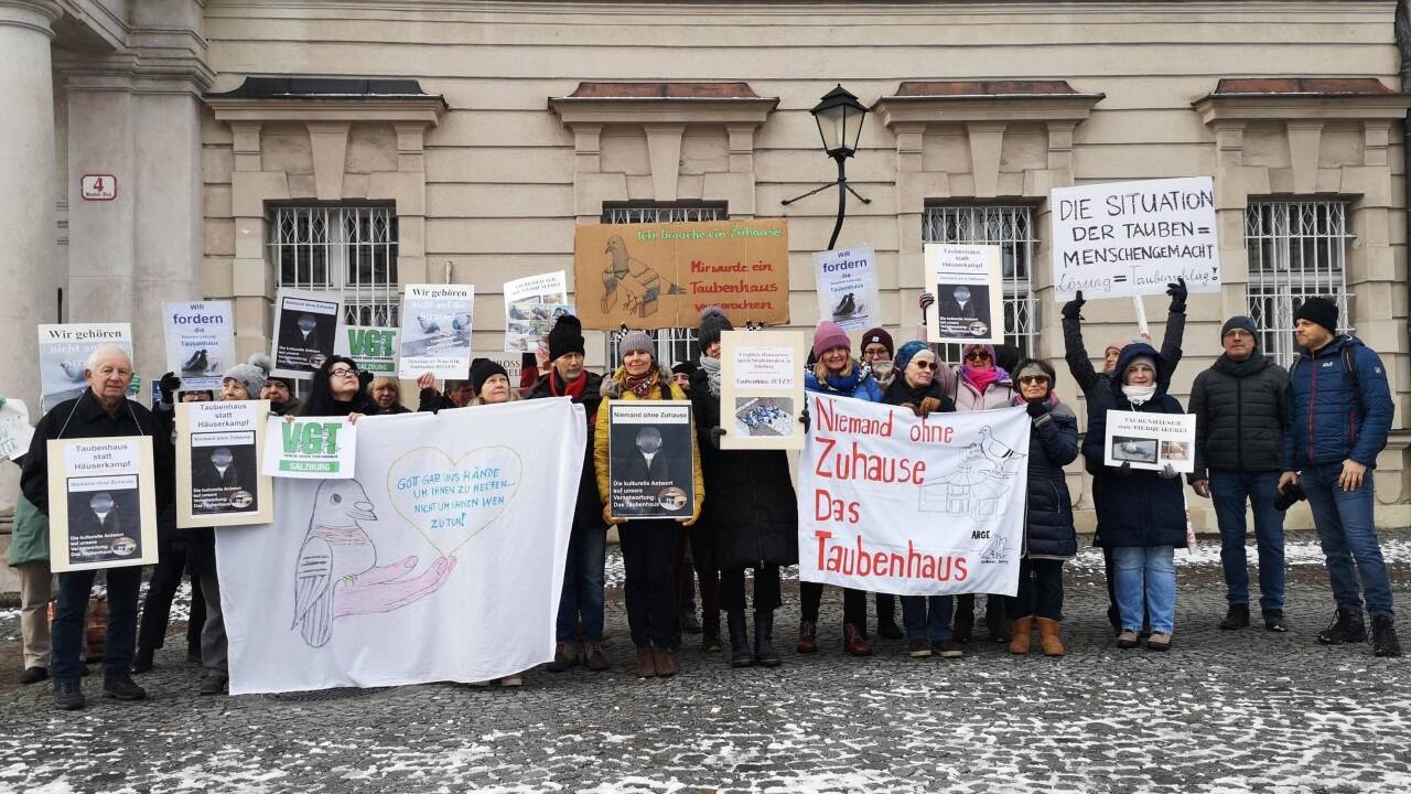 Der VGT demonstrierte gemeinsam mit der ARGE Stadttauben Salzburg vor dem Schloss Mirabell für einen Taubenschlag, rechts: Tauben-Obmann Hans Lutsch.  