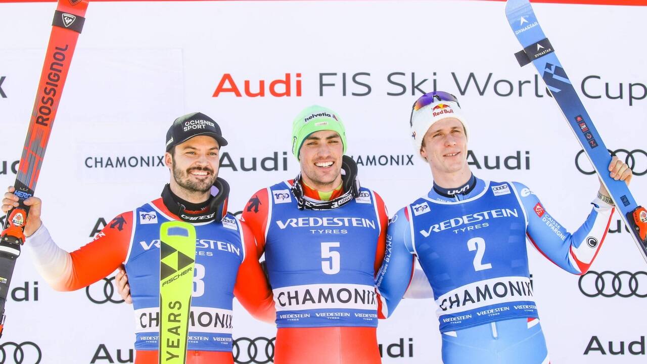 Loic Meillard (SUI), Daniel Yule (SUI) und Clement Noel (FRA). 