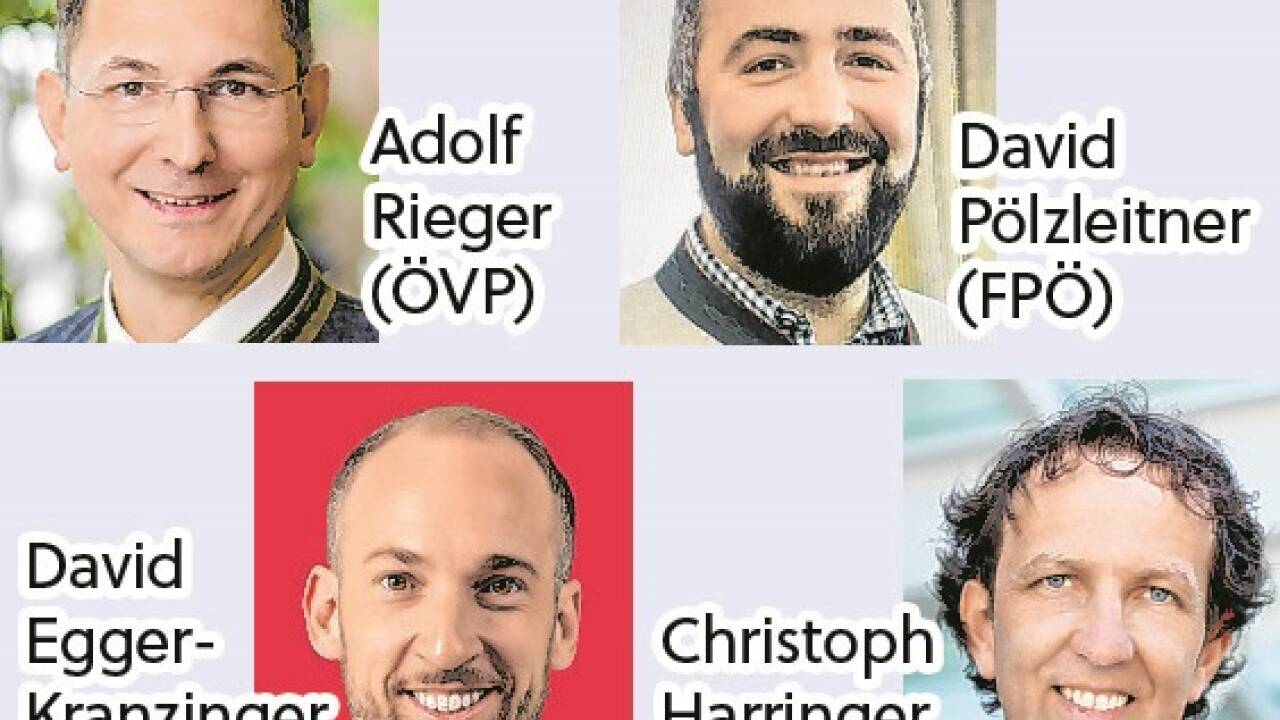 Die Spitzenkandidaten der vier antretenden Parteien sind am Donnerstagabend am Podium: Bürgermeister Adi Rieger, Vizebgm. David Egger sowie David Pölzleitner (FPÖ) und Christoph Harringer (Grüne).  