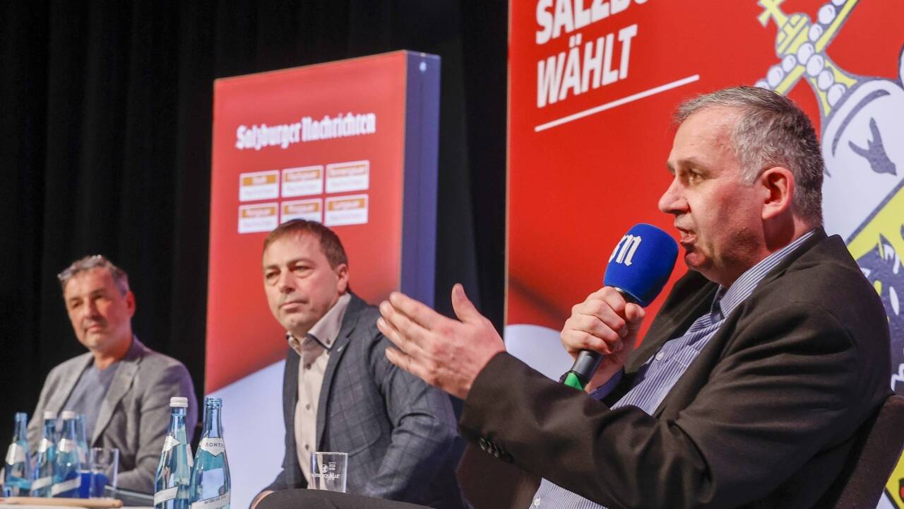 Drei Spitzenkandidaten auf dem Podium: Rupert Fuchs (BBJO), Rudolf Huber (ÖVP) und Willibald Resch (FPÖ). 