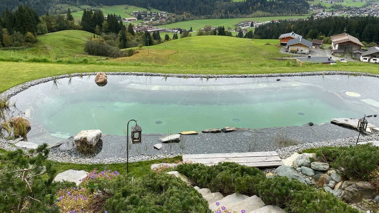 Ein Naturpool bietet Schwimm- und Badevergnügen in klarem, rein biologisch gereinigtem Wasser. 