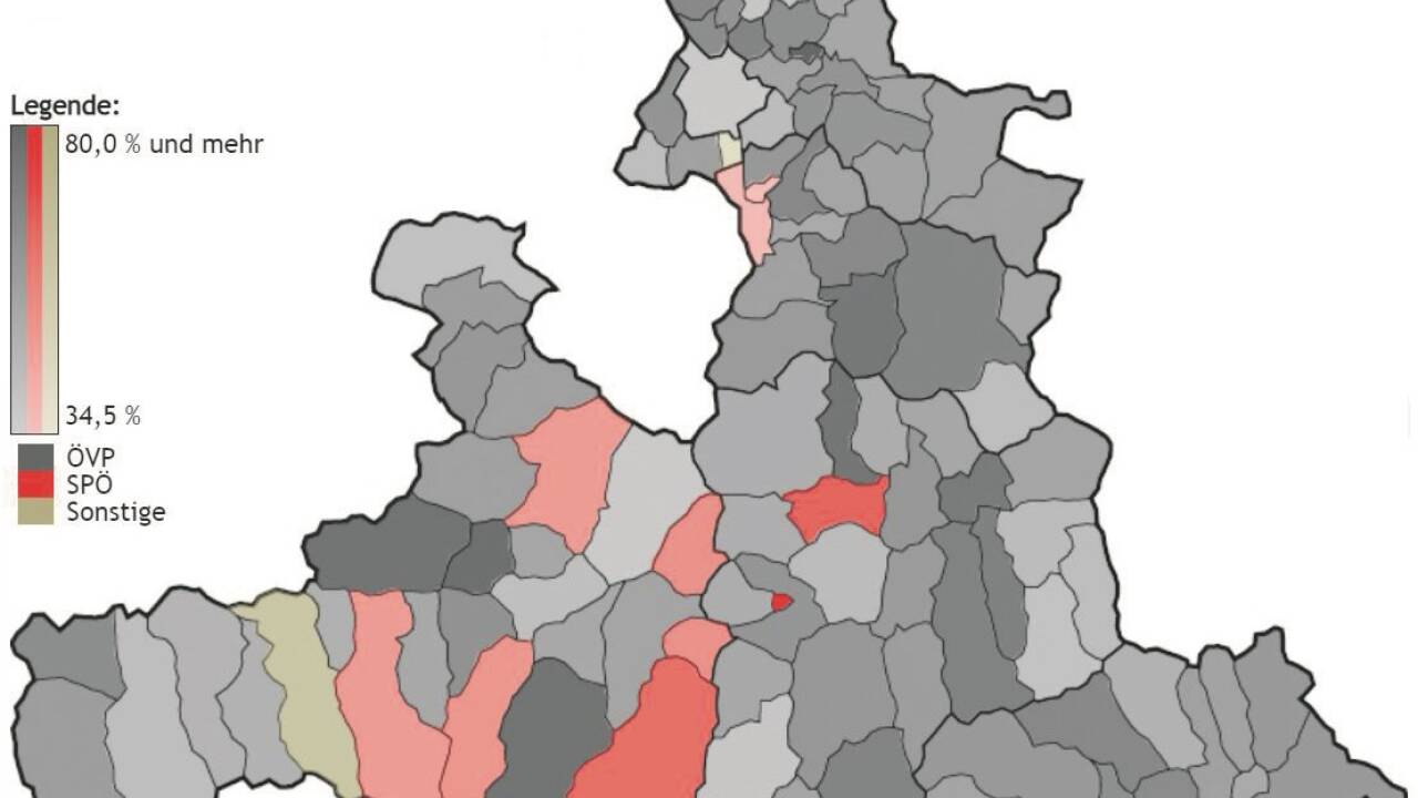 Sehen Sie hier die Ausgangslage für die Wahl am 10. März: Die Landkarte zeigt die jeweils dominierende Kraft in den einzelnen Salzburger Gemeinden nach der Gemeinderatswahl vor fünf Jahren. 