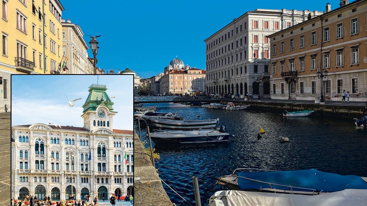 Keimzelle des Wohlstands: der von Maria Theresia angelegte Canal Grande (großes Bild). Piazza Unità (kleine Bild). 