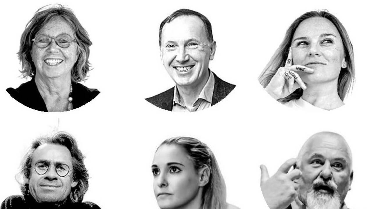 Haben über Salzburg und seine Zukunft nachgedacht: Renée Schroeder, Biochemikerin und Biobäuerin, Emmanuel Bauer, Philosoph und Theologe, Romy Sigl, Unternehmerin und Autorin, O. P. Zier, Schriftsteller, Alisa Buchinger, Ex-Profisportlerin, und Fritz Messner, Musiker, Kabarettist und Autor.  