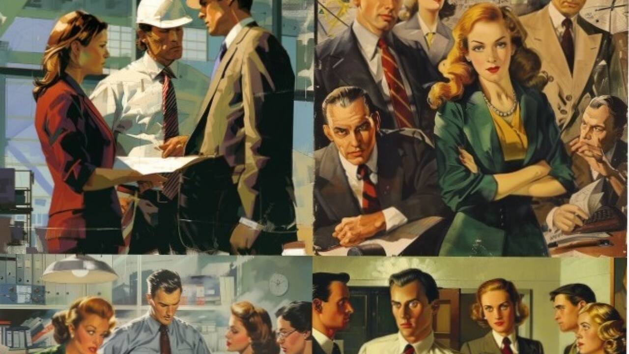 Von „Midjourney“ kreierte Bilder. Sie wirken wie aus einer anderen Zeit. Die Vorgabe war, Frauen und Männer am Arbeitsplatz zu zeigen.  