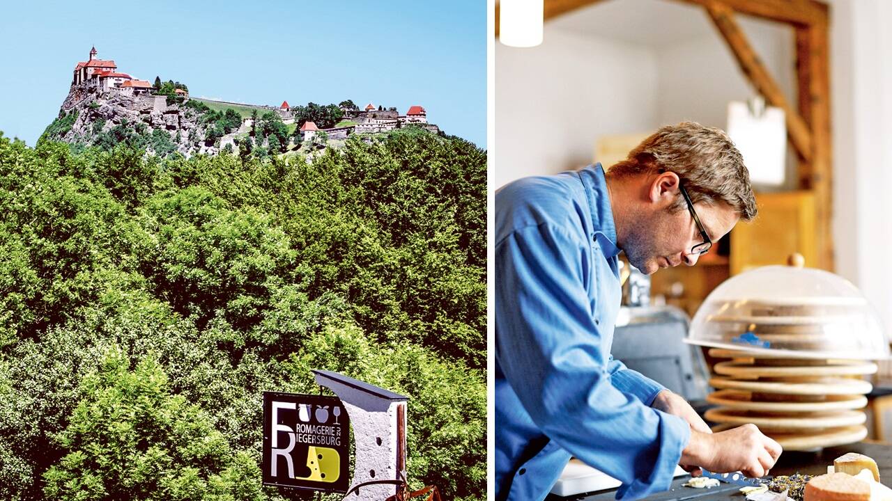 Links: Die Fromagerie zu Riegersburg gilt als Geheimtipp für Käsefans. Rechts: Bernhard Gruber hat sich mit ganzem Herzen der Käsekunst verschrieben. 