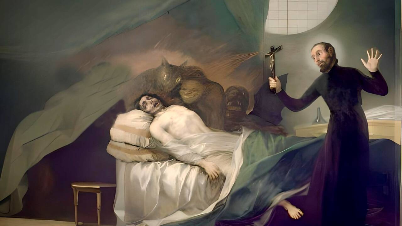 Francesco de Goyas (1746-1828) düstere Bildsprache soll den Betrachter erschauern lassen. Hier ist der heilige Francisco de Borja zu sehen. Er steht einem „Reuelosen“ bei, dem Dämonen auf dem Sterbebett zusetzen.   Francesco de Goyas (1746-1828) düstere Bildsprache soll den Betrachter erschauern lassen. Hier ist der heilige Francisco de Borja zu sehen. Er steht einem „Reuelosen“ bei, dem Dämonen auf dem Sterbebett zusetzen.