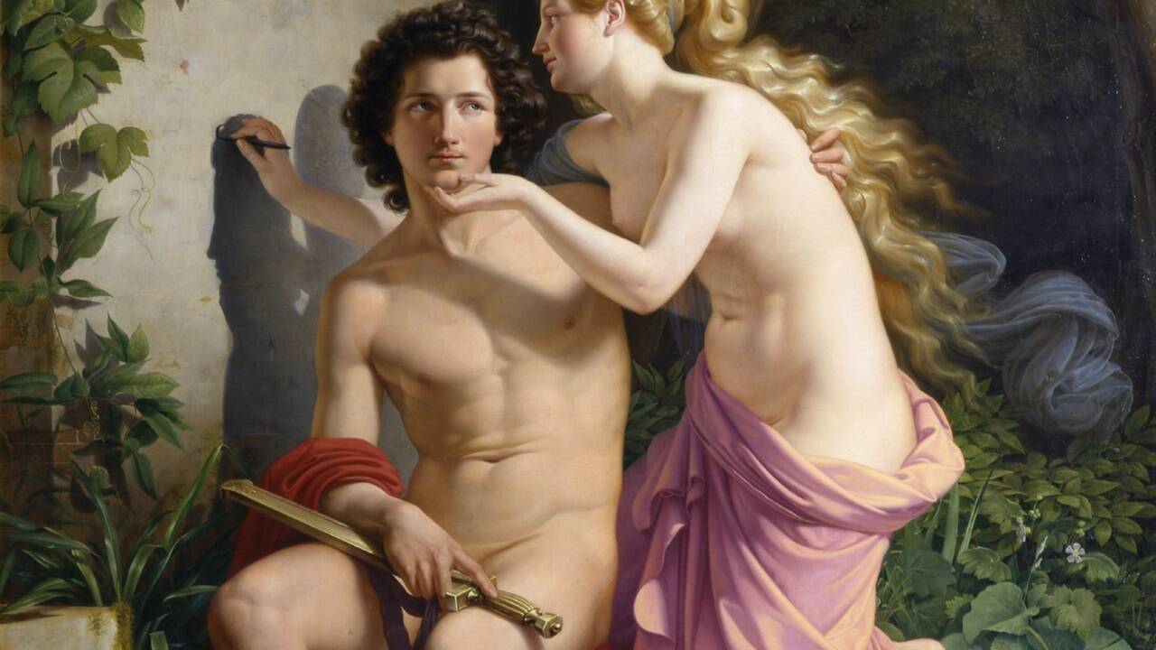 „Die Erfindung der Malerei“, ein Werk von Eduard Daege aus dem Jahr 1832.    „Die Erfindung der Malerei“, ein Werk von Eduard Daege aus dem Jahr 1832.