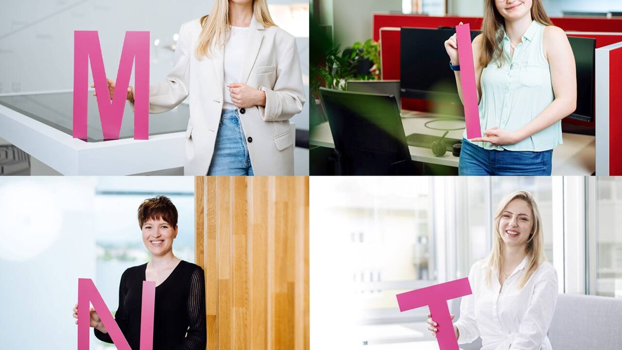 M: Anna Posch, technische Mathematikerin. I: Chiara Janach, Multimediadesignerin. N: Susanne Reischauer, Chemikerin. T: Selma Karic, Elektrotechnikerin. M: Anna Posch, technische Mathematikerin. I: Chiara Janach, Multimediadesignerin. N: Susanne Reischauer, Chemikerin. T: Selma Karic, Elektrotechnikerin.