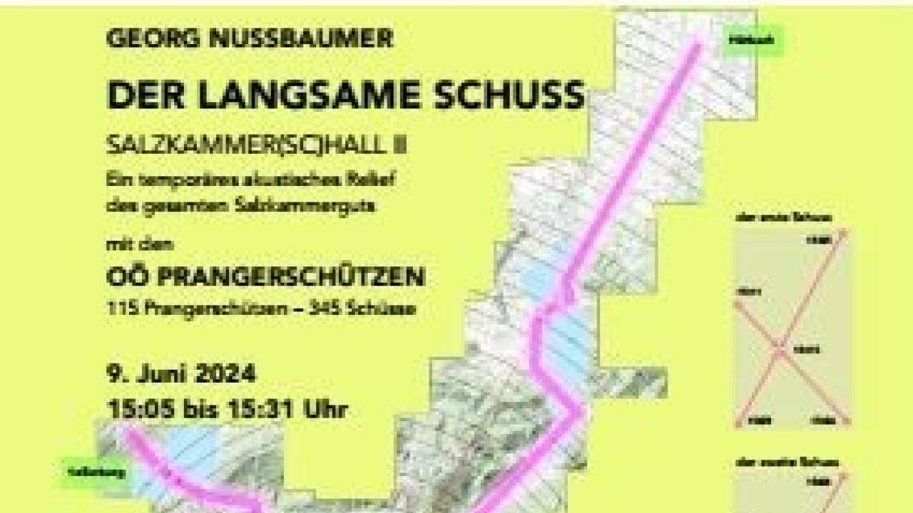 Plakat für „Der langsame Schuss“: Die Schusslinien mit Kreuzungspunkt Bad Ischl Plakat für „Der langsame Schuss“: Die Schusslinien mit Kreuzungspunkt Bad Ischl