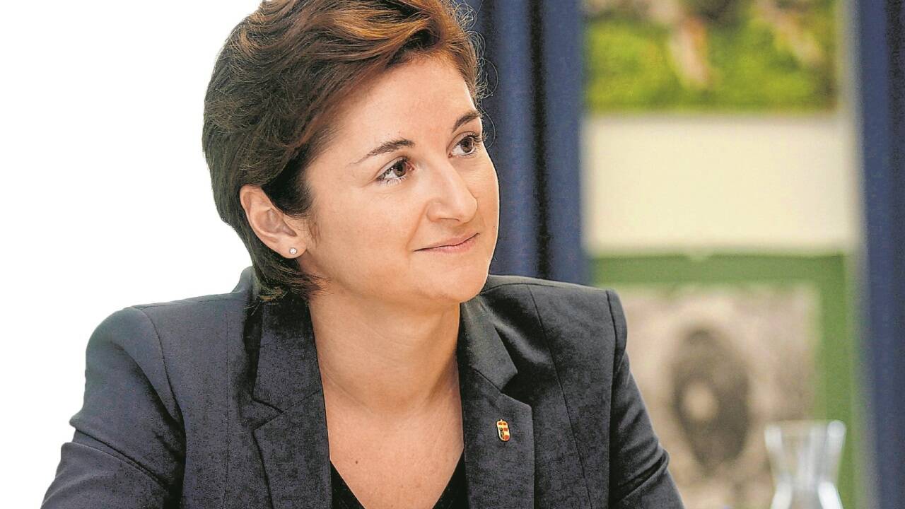LH-Stv. Marlene Svazek in ihrem Büro in der Kaigasse – im Hintergrund hängt das Bild des ersten geschossenen Wolfs im Bundesland.  