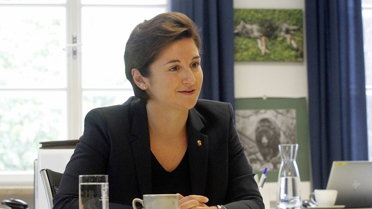 LH-Stv. Marlene Svazek in ihrem Büro in der Kaigasse – im Hintergrund hängt das Bild des ersten geschossenen Wolfs im Bundesland.  