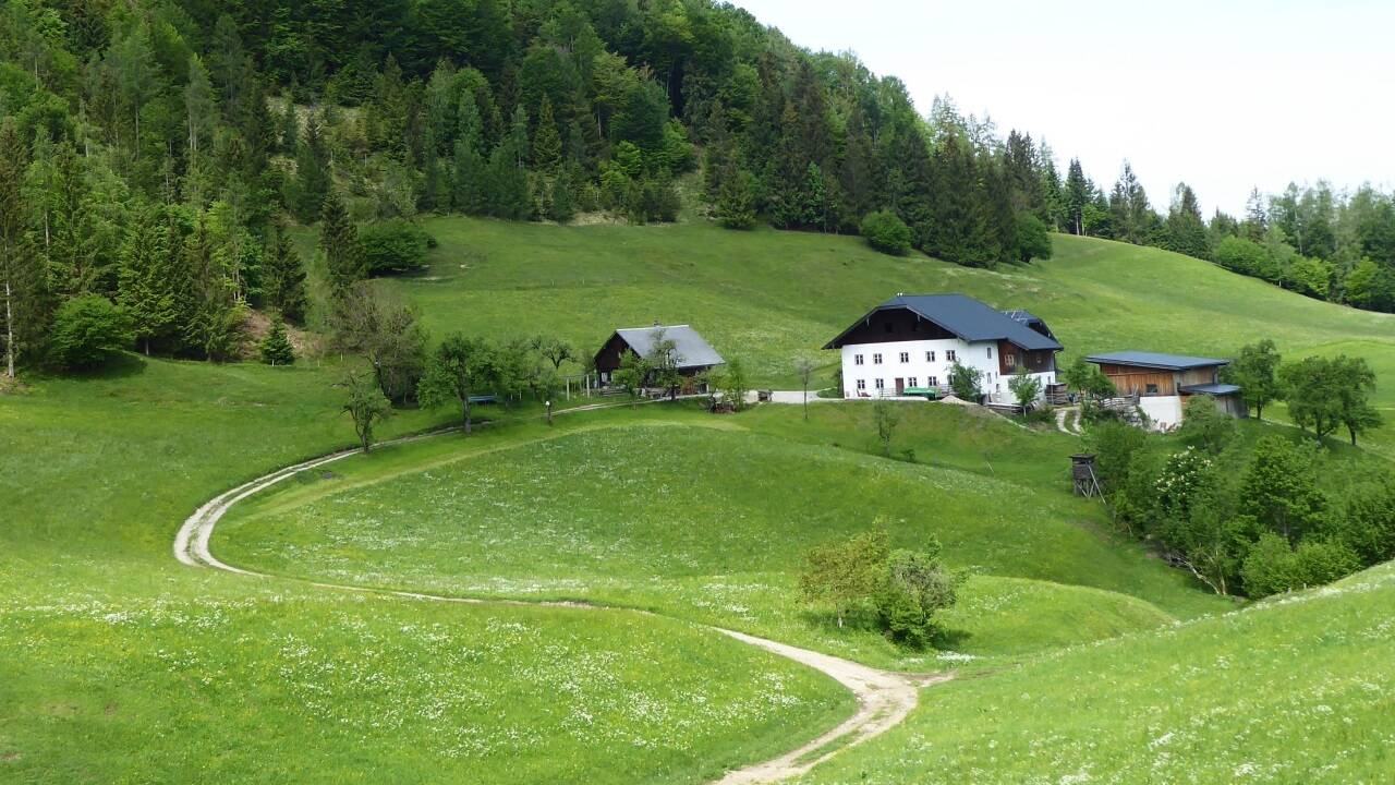 Der Weg führt beim Hof Oberstrumberg am Fuß des Strumbergs vorbei. 