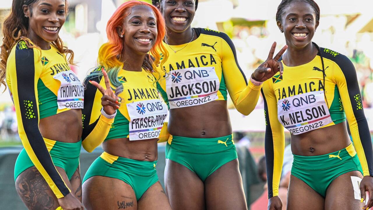 Jamaikas Sprinterinnen freuen sich auf Rif. Im Bild Elaine Thompson Herah, Shelly Ann Fraser Pryce, Kemba Nelson, Shericka Jackson bei der WM in Budapest 2023. Jamaikas Sprinterinnen freuen sich auf Rif. Im Bild Elaine Thompson Herah, Shelly Ann Fraser Pryce, Kemba Nelson, Shericka Jackson bei der WM in Budapest 2023.