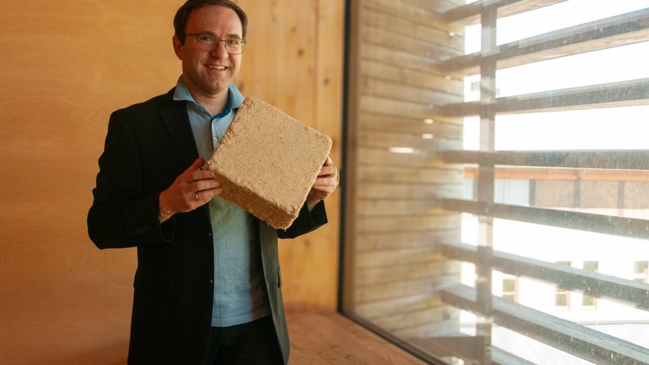 FH-Professor Alexander Petutschnigg mit einem Recycling-Wandaufbau aus natürlichen Dämmstoffen.  