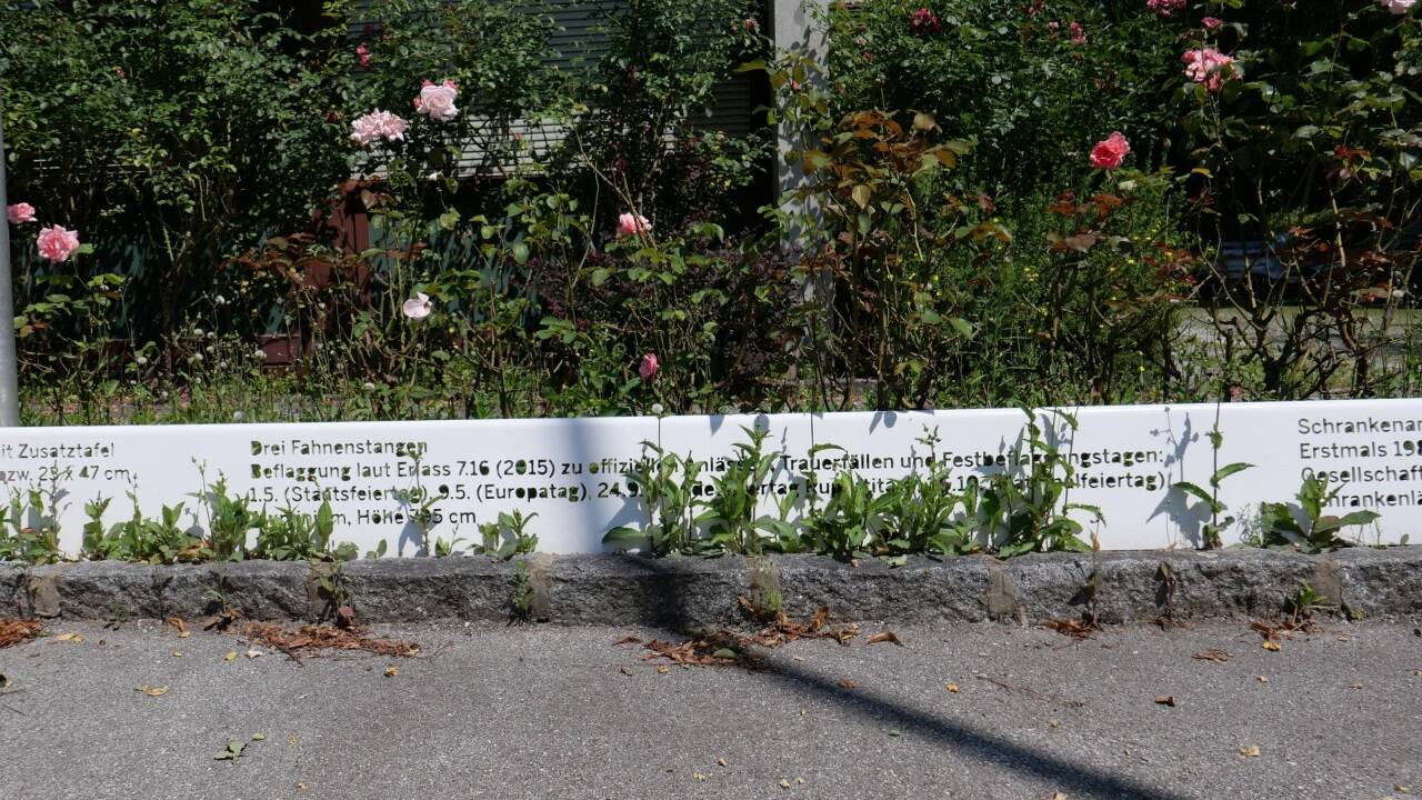 Die in die Stahltafel hineingefrästen Buchstaben werden teils von Pflanzen erobert.  