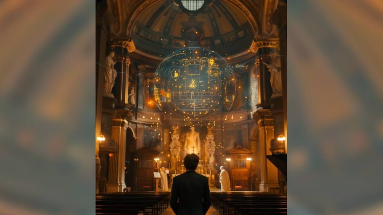 Ein KI-Bild zu Konzerten über das Motto „Et exspecto“ in einer Kirche (weil der zentrale Veranstaltungsort der Ouverture spirituelle die Salzburger Kollegienkirche ist). 