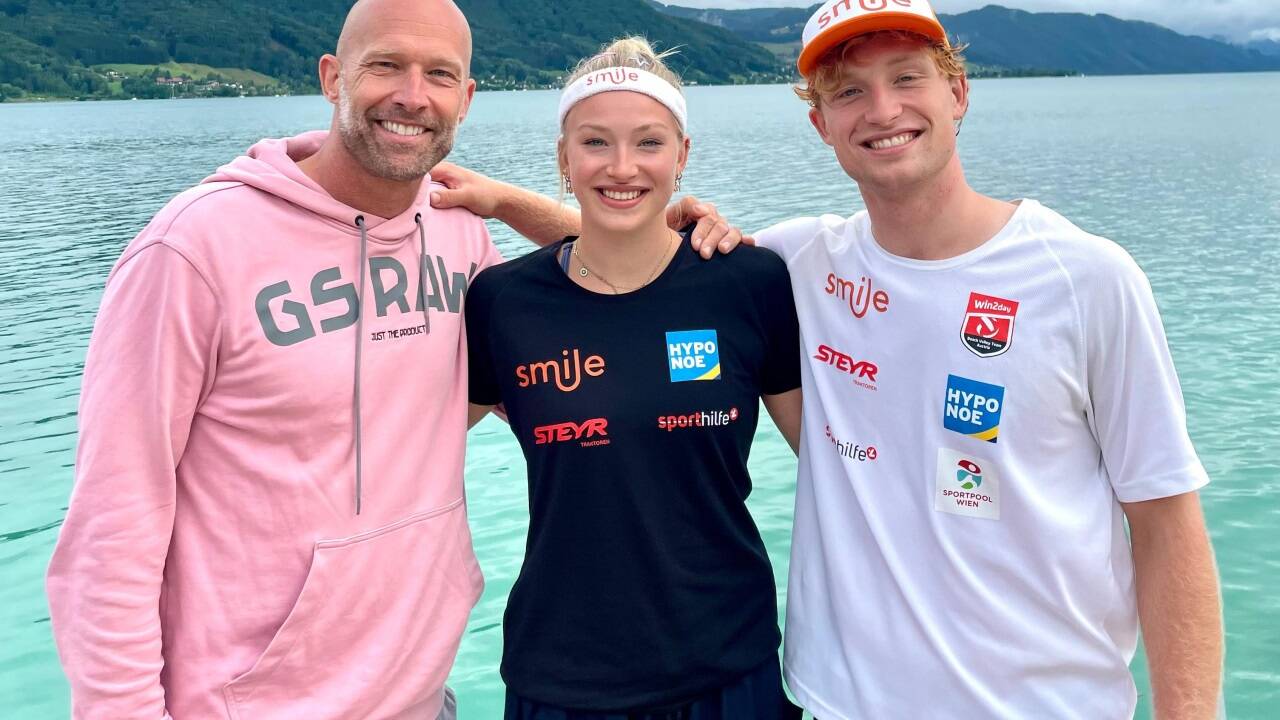 Nik Berger mit seinen Kindern Lia und Tim. Nik Berger mit seinen Kindern Lia und Tim.