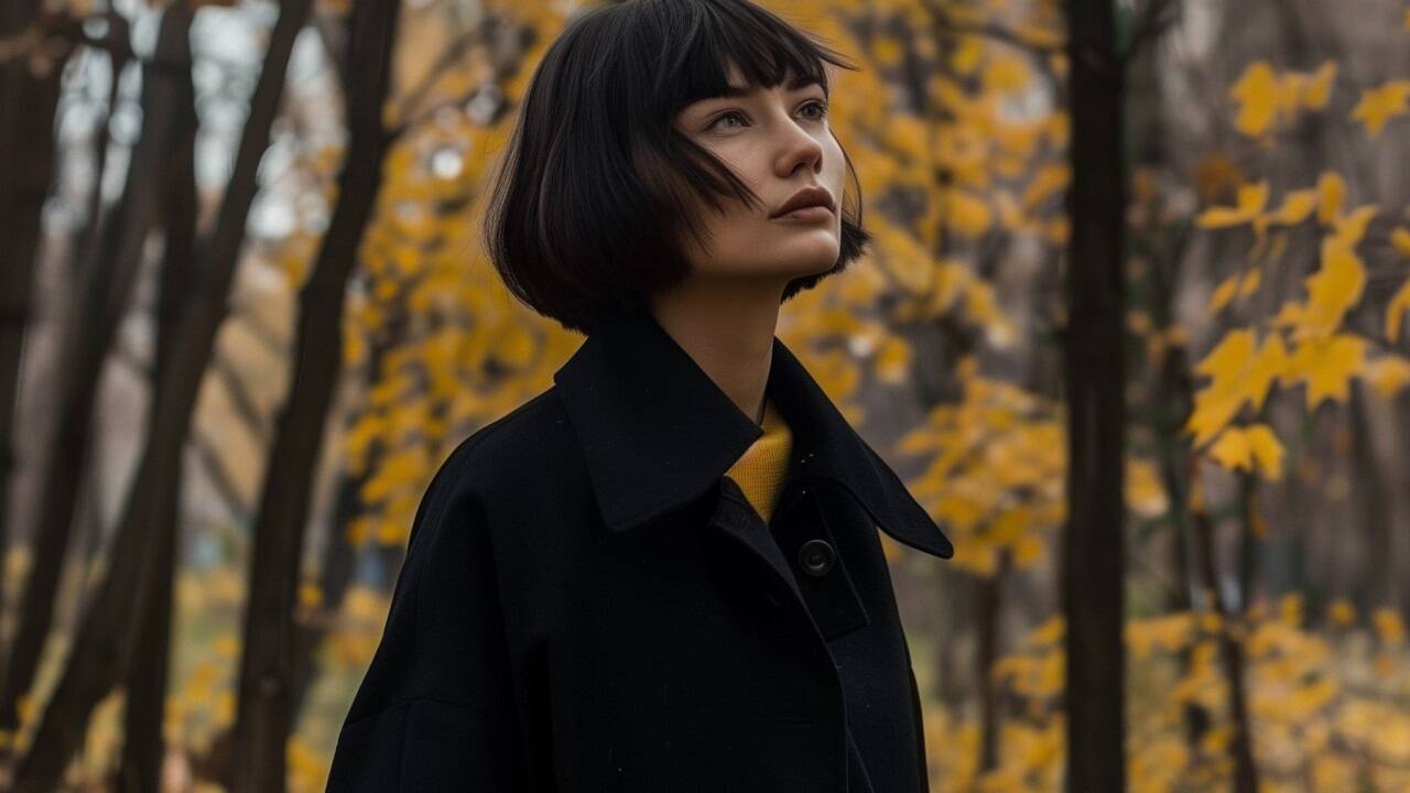 4. Versuch mit Eingabe: „Marina Davydova. artistic director. autumn. black bob haircut. yellow leaves. black coat. jeans.“ 