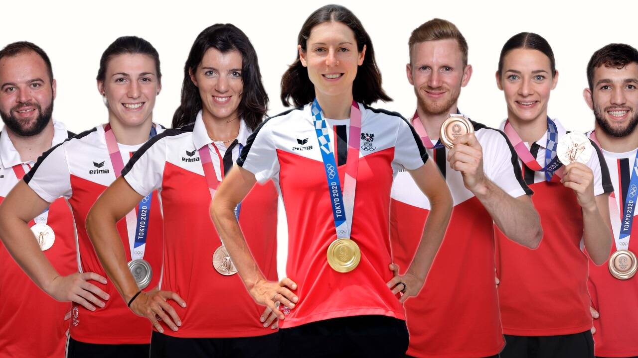 Die österreichischen Medaillengewinner von Tokio 2021: Lukas Weißhaidinger, Michaela Polleres, Magdalena Lobnig, Anna Kiesenhofer, Jakob Schubert, Bettina Plank und Shamil Borchaschwili (von links).  Die österreichischen Medaillengewinner von Tokio 2021: Lukas Weißhaidinger, Michaela Polleres, Magdalena Lobnig, Anna Kiesenhofer, Jakob Schubert, Bettina Plank und Shamil Borchaschwili (von links).