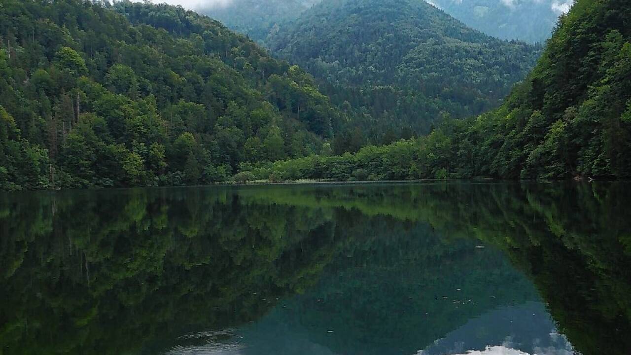 Der Schafberg schält sich aus den Nebelwolken.  