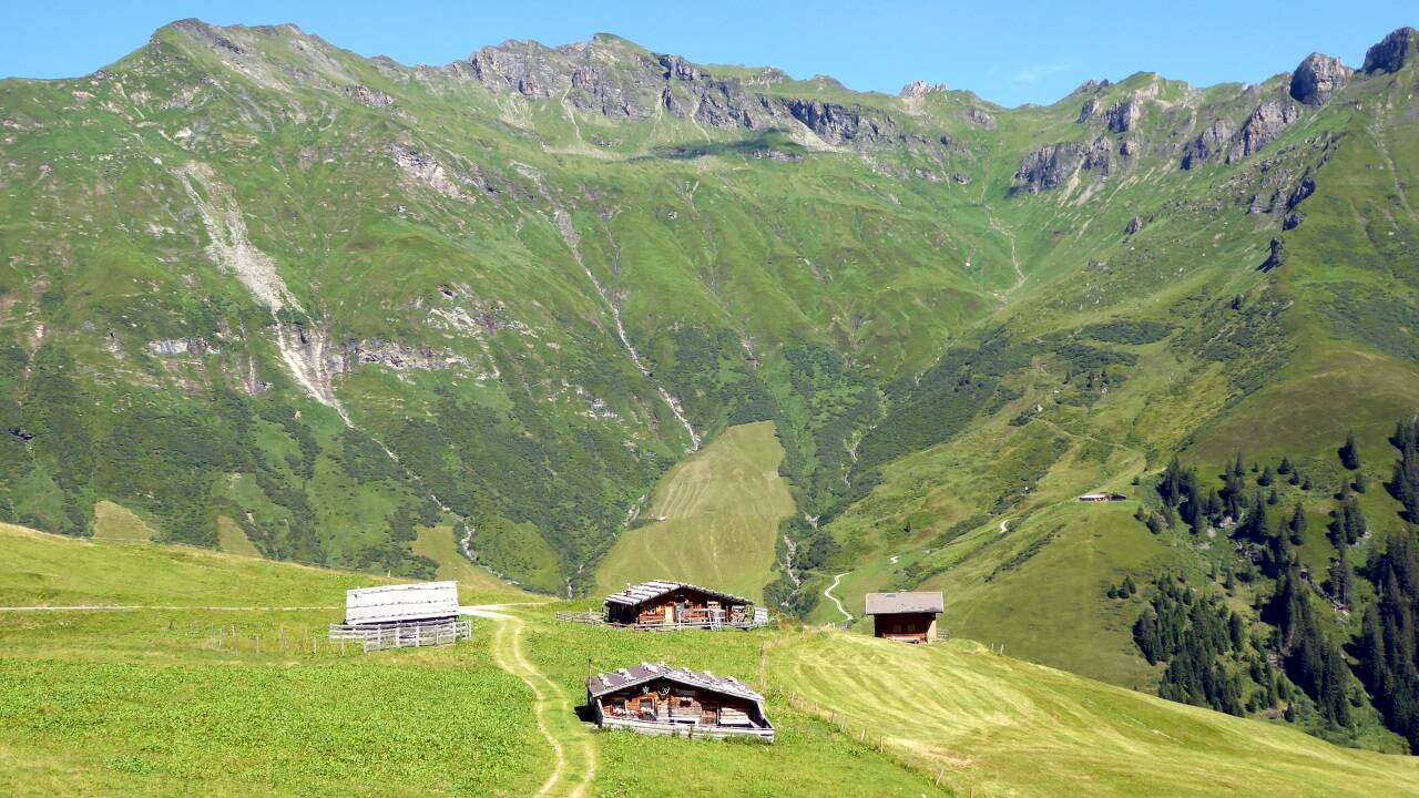 Der Abstieg führt an der Präer Hütte vorbei hinüber zu den Mähdern unter der Türchlwand. 