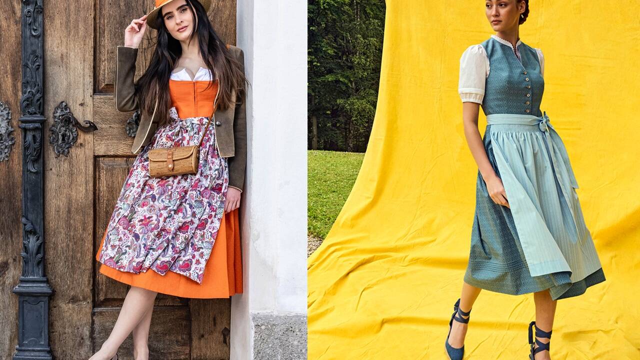 Links: Laut Salzburger Heimatwerk kann Tracht für jegliche Art von Festen getragen werden. (Dirndl Martha) Rechts: Leichte Baumwolldirndl sind laut Felicitas & Hans am Kirtag sehr angenehm zu tragen. (Dirndl Dorle) 