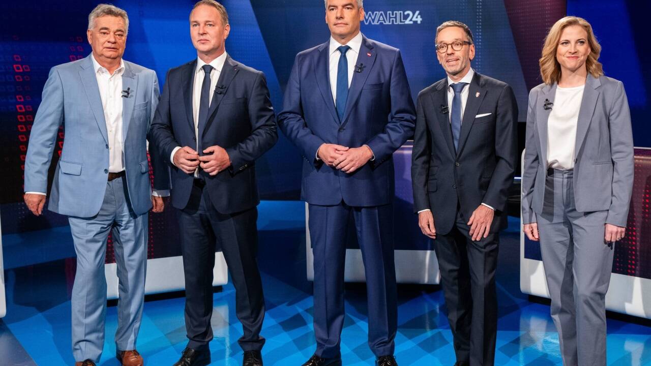Wahlkampf im ORF-Studio: Werner Kogler, Andreas Babler, Karl Nehammer, Herbert Kickl, Beate Meinl-Reisinger. Wahlkampf im ORF-Studio: Werner Kogler, Andreas Babler, Karl Nehammer, Herbert Kickl, Beate Meinl-Reisinger.
