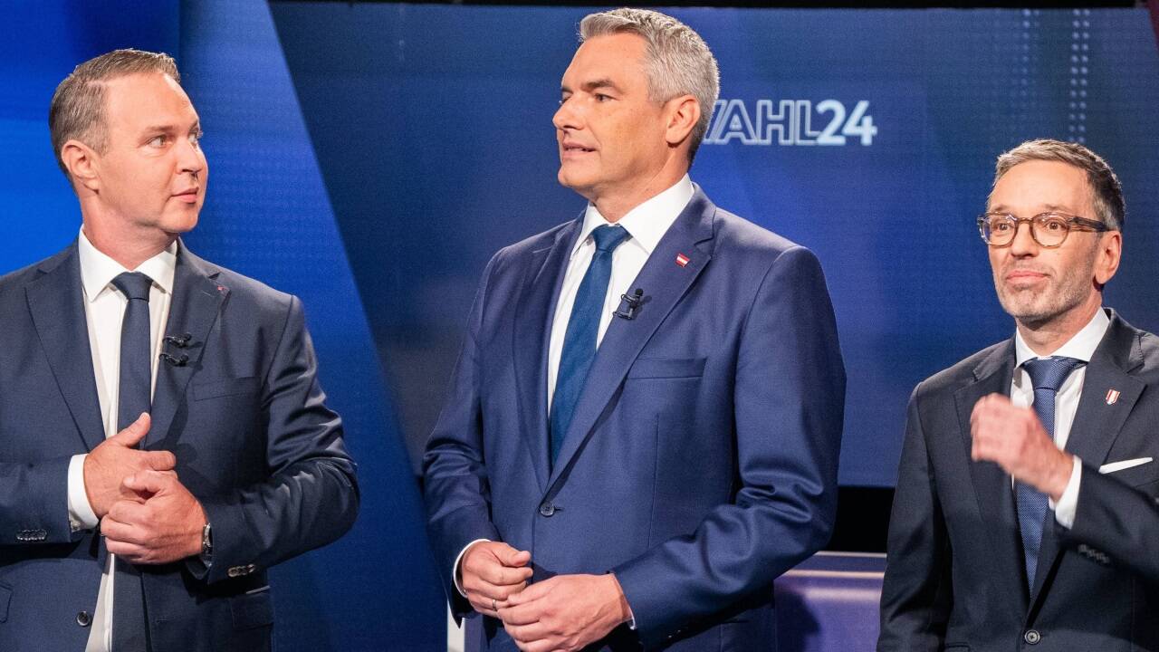 SPÖ-Chef Andreas Babler, Bundeskanzler Karl Nehammer und FPÖ-Chef Herbert Kickl bei einer Vorwahldebatte. 