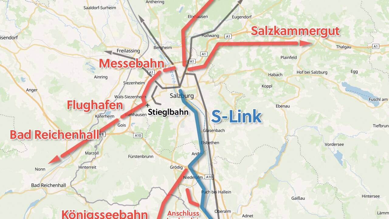 Nebenäste zum S-Link: So könnte das bestehende Schienennetz in Salzburg erweitert werden. Ins Salzkammergut, nach Oberösterreich und Bayern. Nebenäste zum S-Link: So könnte das bestehende Schienennetz in Salzburg erweitert werden. Ins Salzkammergut, nach Oberösterreich und Bayern.