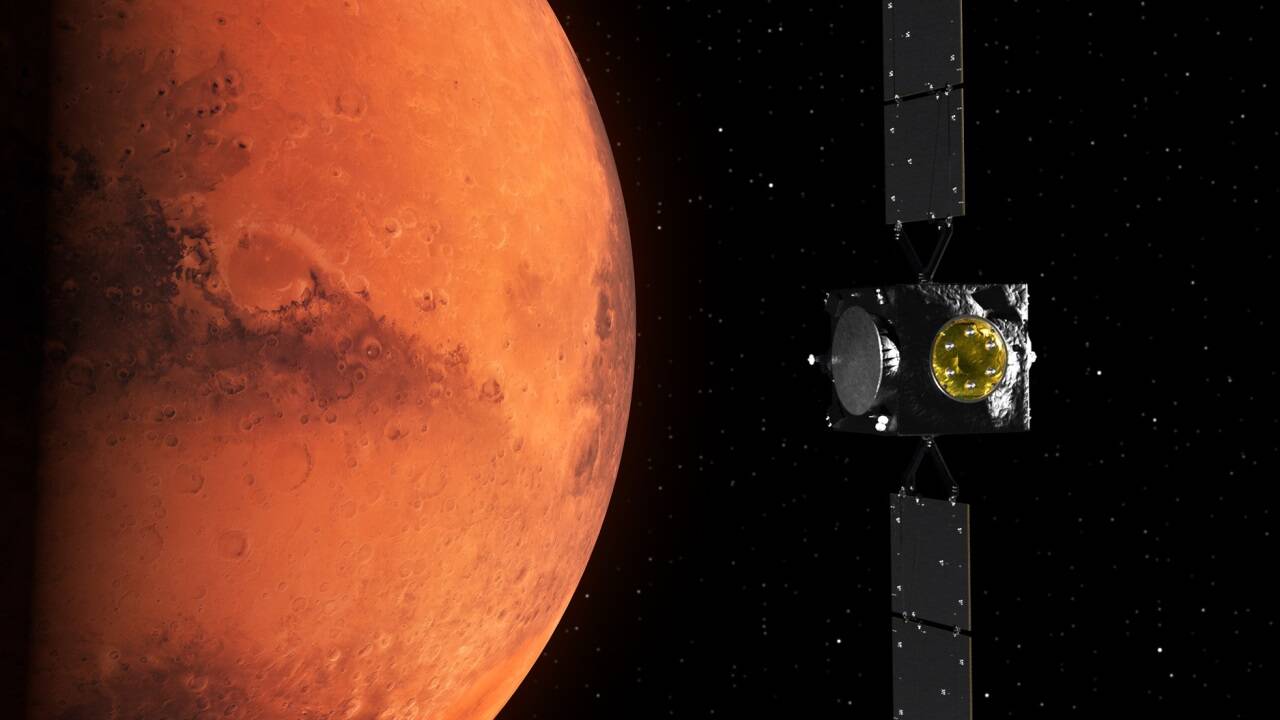 „Hera“ soll auf ihrer Reise auch am Mars vorbei fliegen. Das Bild zeigt eine künstlerische Darstellung dessen.  