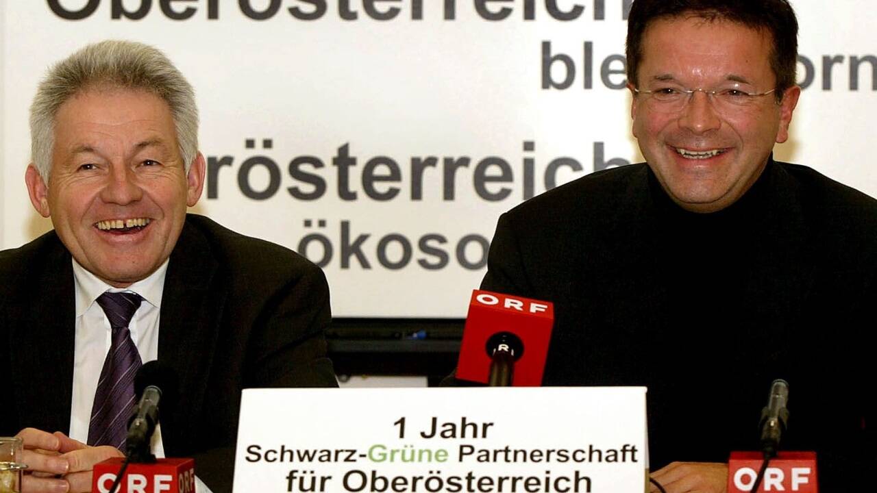 Schwarz-grüne Pioniere in Oberösterreich: Josef Pühringer und Rudolf Anschober im Jahr 2004.  Schwarz-grüne Pioniere in Oberösterreich: Josef Pühringer und Rudolf Anschober im Jahr 2004.