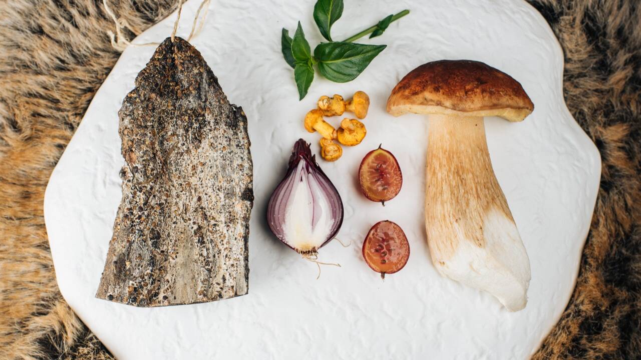 Alles, was ein „Waldteller“ braucht: Steinpilze, Eierschwammerl, getrocknetes Rehfleisch, Stachelbeeren, rote Zwiebeln und Kräuter vermählen sich zu einem unvergesslichen Geschmack.  