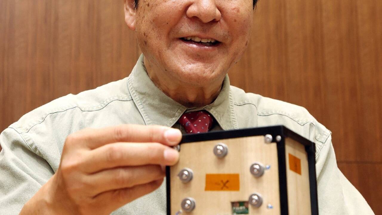 So sieht der Lignosat, präsentiert von Astronaut Takao Doi, aus.  
