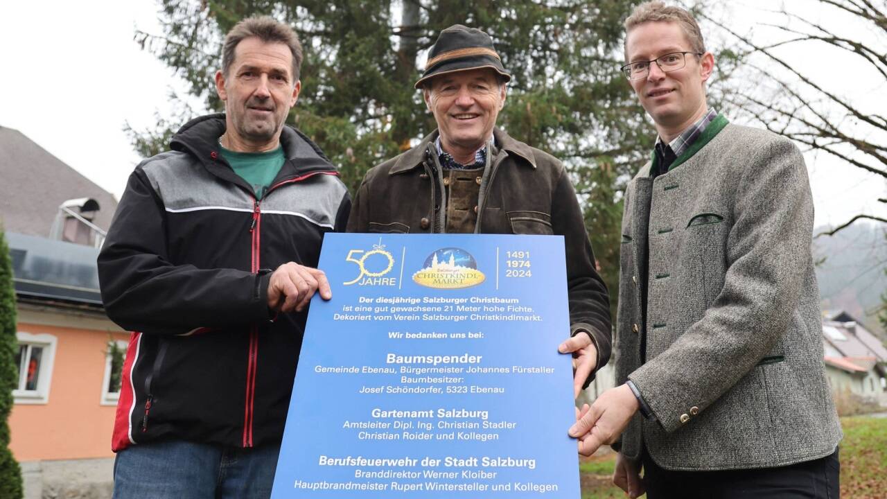 Christkindlmarkt-Obmann Wolfgang Haider freut sich über den Christbaum aus Ebenau, den er von Baumspender Bürgermeister Johannes Fürstaller (re.) und Baumbesitzer Josef Schöndorfer (li.) erhalten hat. 