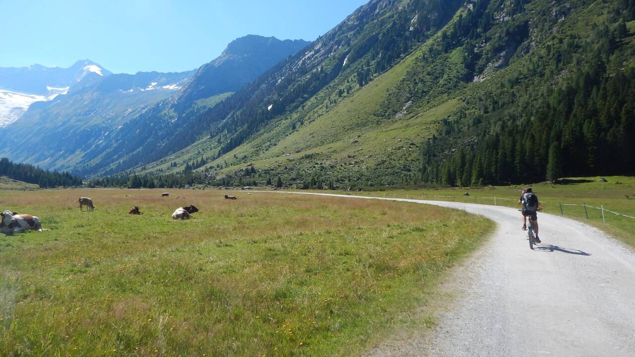 Nur eine Schotterstaße führt ins Achental. Für Wanderer ist es lästig, wenn sie alle paar Minuten einem Auto oder Radfahrern ausweichen müssen. Deshalb bekommen sie im unteren Bereich, wo es enger als hier ist, einen eigenen Weg. 