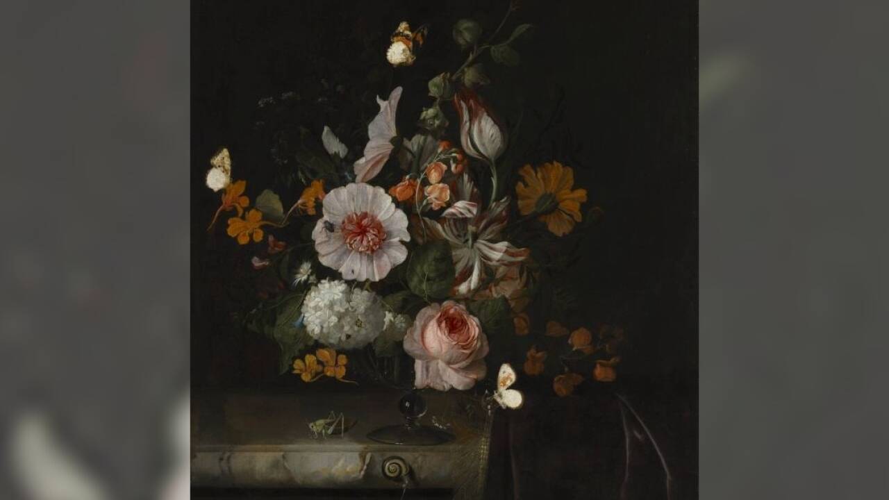 Rachel Ruysch (1664–1750) , Blumenstück, um 1682, Öl auf Leinwand , Bayerische Staatsgemäldesammlungen – Alte Pinakothek München  