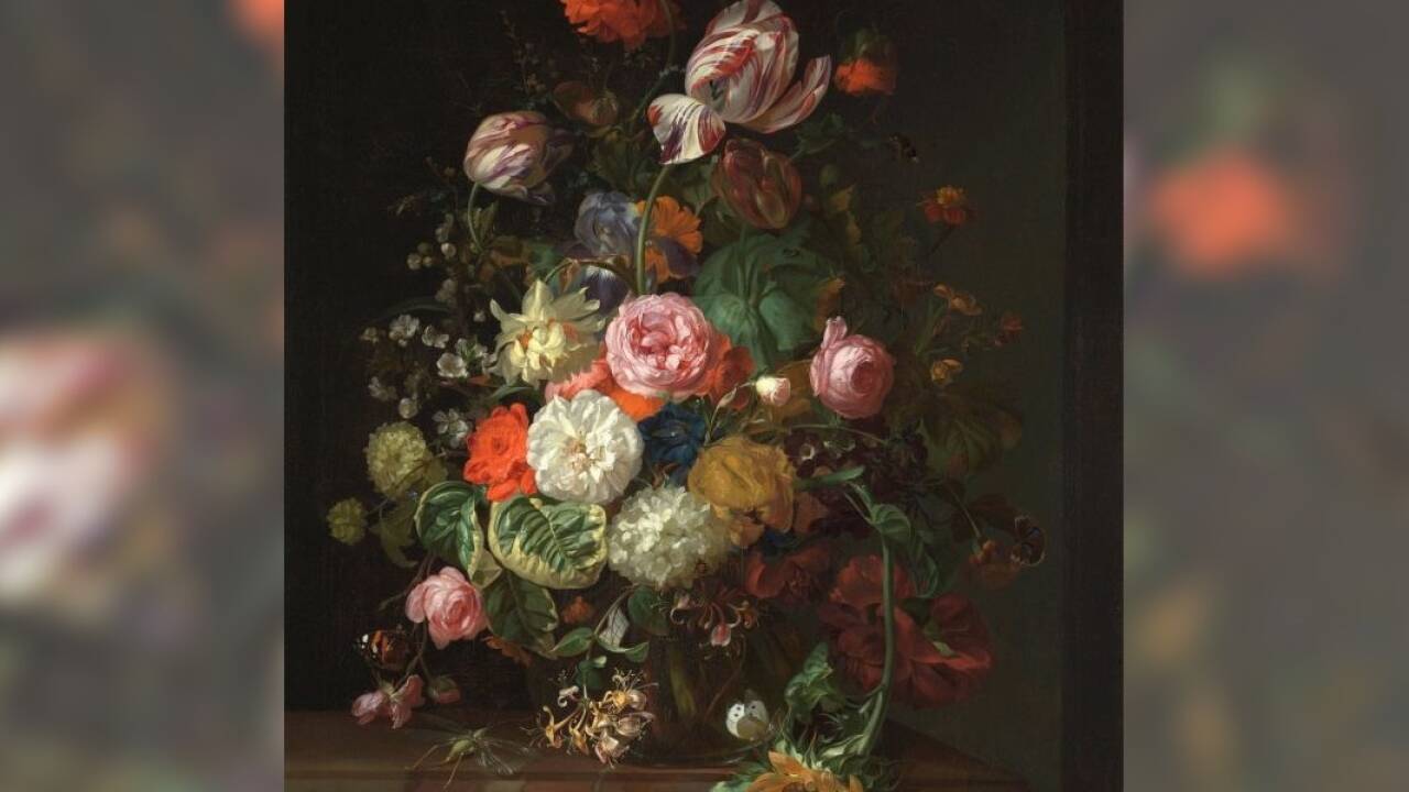 Rachel Ruysch, Blumenstillleben in einer Glasvase auf einem Marmorsims, 1710,<br />The National Gallery, London Leihgabe der Sammlung Janice and Brian Capstick <br /> 