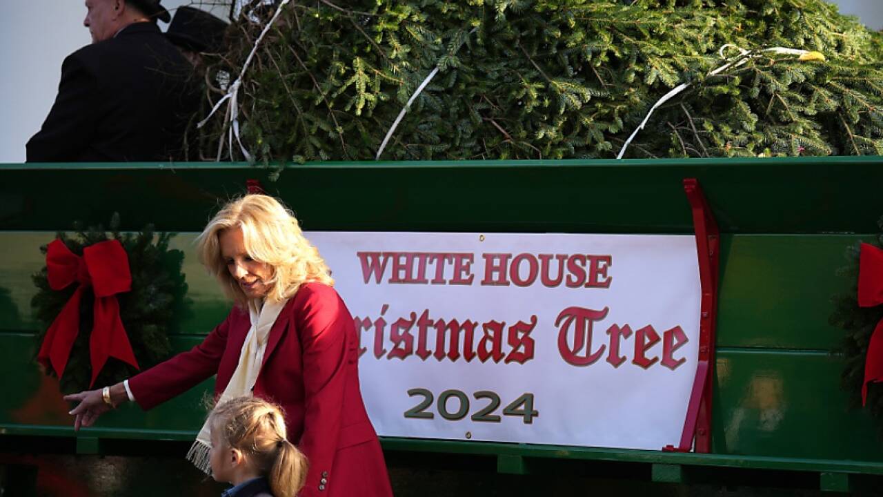 Jill Biden im roten Hosenanzug beim Empfang der Sechs-Meter-Tanne  Jill Biden im roten Hosenanzug beim Empfang der Sechs-Meter-Tanne