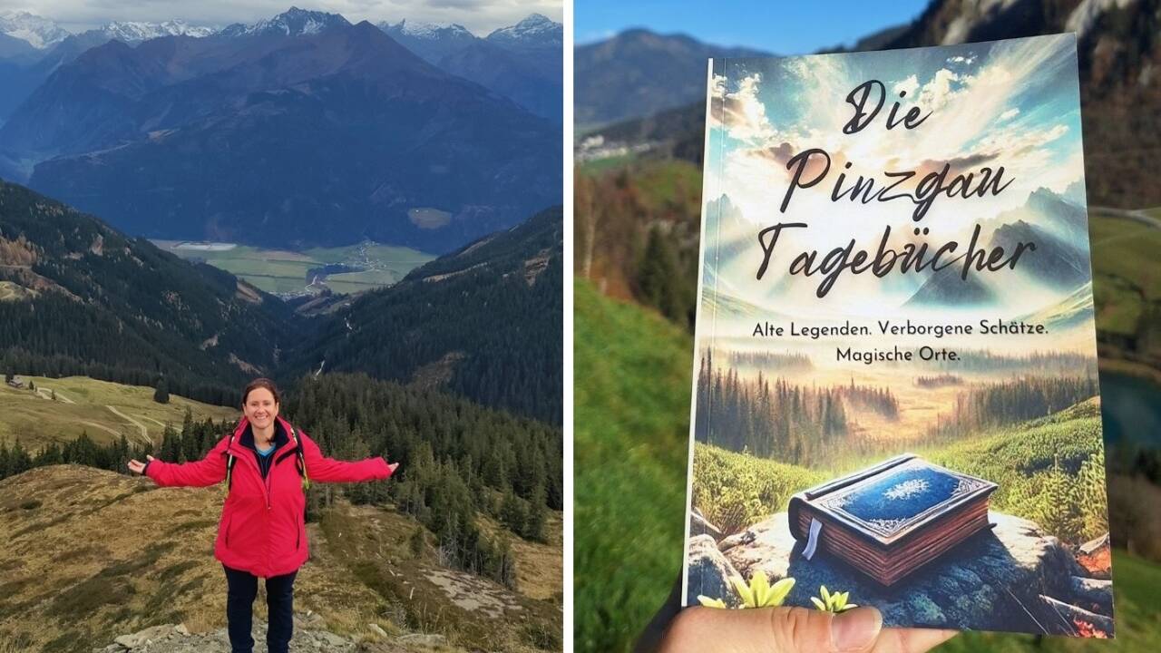 Doris Kemptner am Mittagskogel in Mittersill. Ihr neues Werk hält sie beim Klammsee in Kaprun in Händen. 