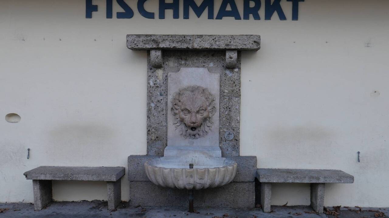 Stadtbekannt in Salzburg: Der Fischmarkt-Brunnen am Ferdinand-Hanusch-Platz.  
